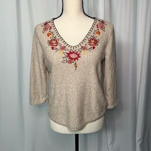 Christopher & Banks Floral Embroidered Beige Knit 3/4 Sleeve Sweater - Small
